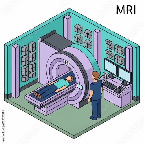Medical professional operating MRI machine on patient in hospital.