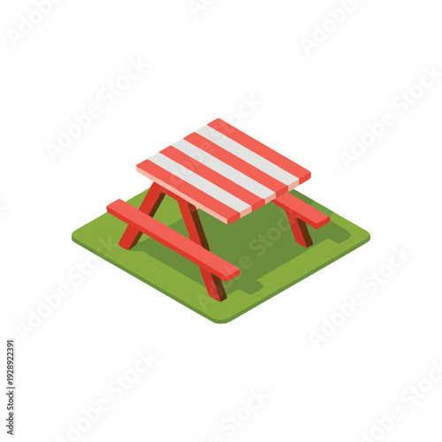 Picnic table on grass isometric icon for summer picnic day, family park event, campsite map, outdoor recreation planning and design