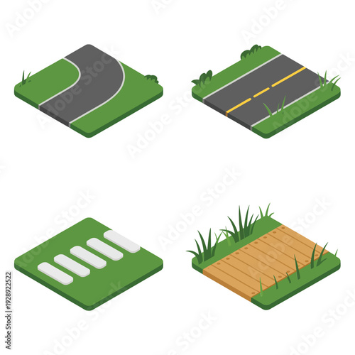 Isometric street and crosswalk tile set with grassy roadside for city park, town planning, driving game environment road design