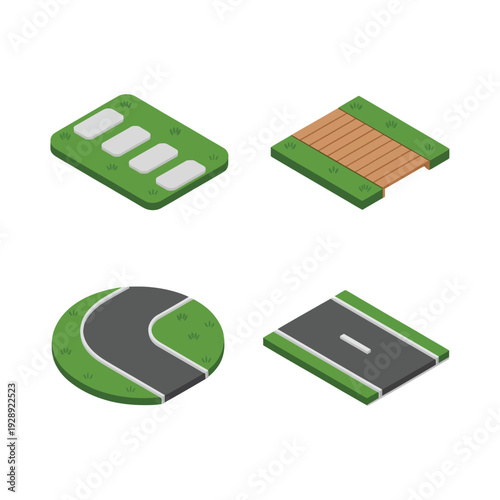 Isometric road and sidewalk element collection with curved street, crosswalk and asphalt lane for city builder game, urban planning design