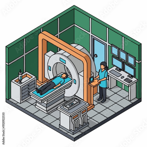 Medical Imaging Room with MRI Machine and Technician.
