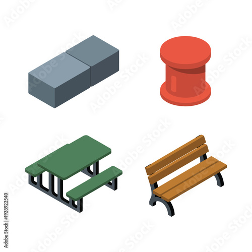 Isometric park furniture set with bench, picnic table, concrete block and bollard for city plaza, outdoor landscape design asset
