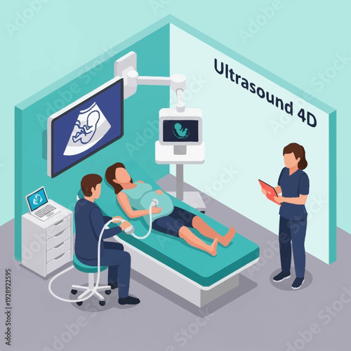 Medical professionals conducting an ultrasound examination on a pregnant woman.
