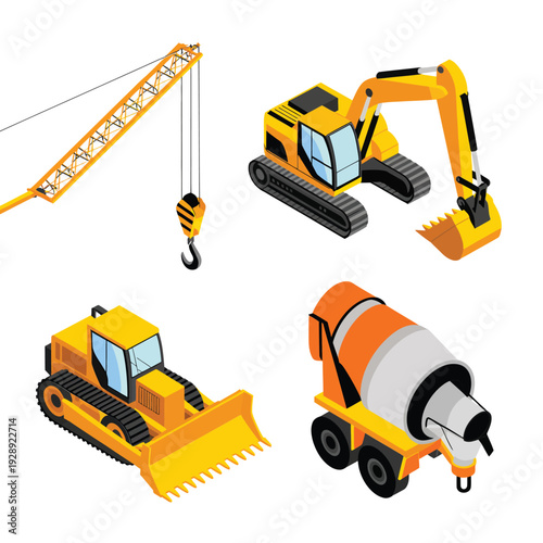 Construction site vehicles with tower crane, crawler bulldozer, excavator, concrete mixer for building expo, industrial fleet graphic, engineering presentation design