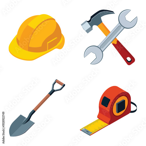 Builder toolkit icons with hard hat, shovel, measuring tape, wrench and hammer for safety training, construction profile, project planning design