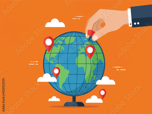 A hand putting a location pin on a globe with multiple location pins and clouds  travel and navigation concept
