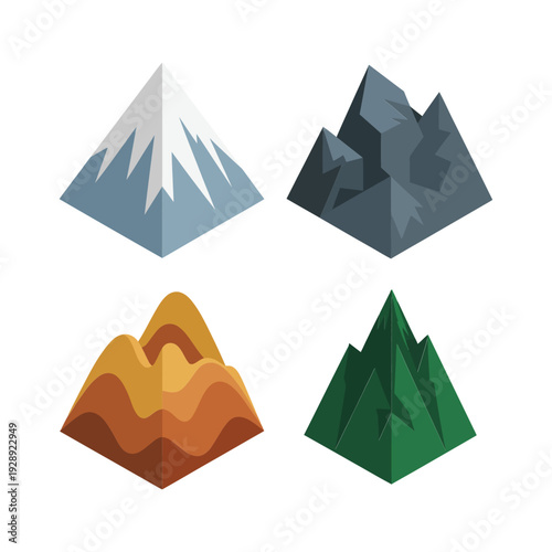 Isometric mountain range icons with snowy peak, rocky cliff, brown canyon and green hill, geography landscape vector illustration design
