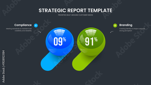 Company Introduction 2 Step Graph Slide Layout. Sales Briefing Two Element Diagram Frame Design. Advertising Analysis Presentation Template Vector Illustration.