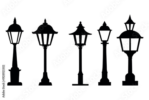 Vintage metal streetlight post set featuring antique iron lantern designs with glass bulbs for urban city lighting and architectural art