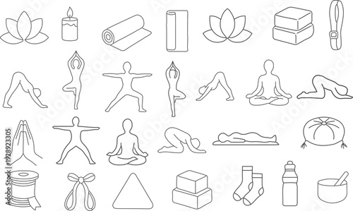 Collection of yoga and meditation outline icons. cute doodle symbol vector set featuring yoga poses, lotus flower, meditation, mudra, minimalist flat design for fitness and wellness.