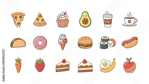 Assorted Cartoon Food Icons Set.