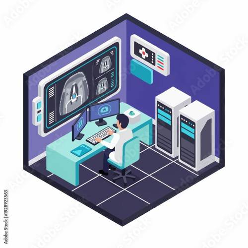 Medical professional analyzing MRI scan on computer in modern diagnostic room.