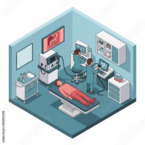Medical examination room with doctor analyzing patient scan on monitor.