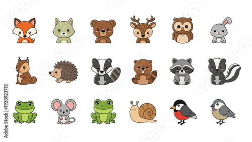 Set of cute cartoon forest animals including fox, wolf, bear, deer, owl, rabbit, squirrel, hedgehog, badger, beaver, raccoon, skunk, frog, mouse, snail, and birds.