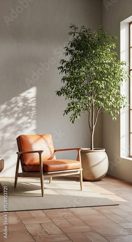 leather chair and potted tree in a room with large window