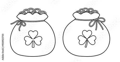Shamrock Money Bag Coloring Page and Template.
St. Patrick’s Day Money Pouch with Gold Coins Outline Set.
Lucky Gold Coin Pouch Line Art Vector Collection.
