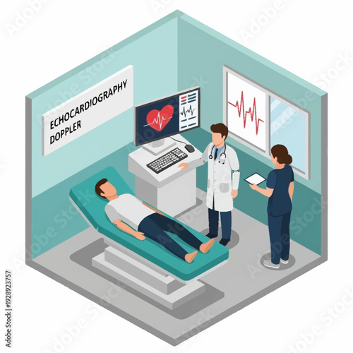 Medical professionals conducting an echocardiogram on a patient in a clinical setting.