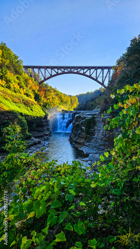 Photos A metal bridge over a waterfall at Letchworth state park in upstate New York