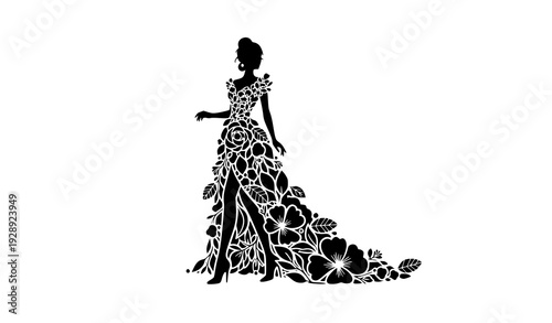 Stylish Female Silhouette in Floral Cutout Gown Vector Fashion Decorative Design