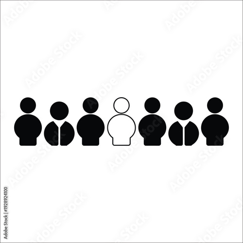 One white figure among seven black figures group people