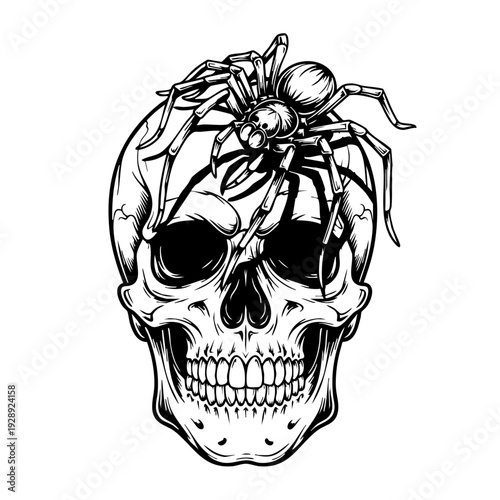 Black and white illustration of a skull with spiders on it.