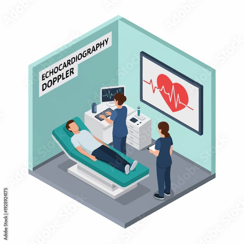 Medical professionals conducting echocardiography doppler test on patient in hospital room.