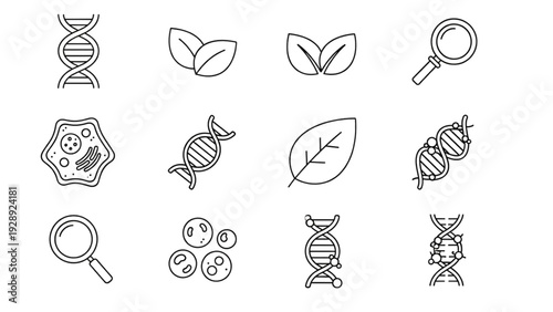 Biology and life science research minimalist outline icon set