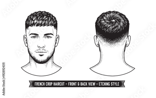 French crop haircut illustration showing front and back views in an etching style