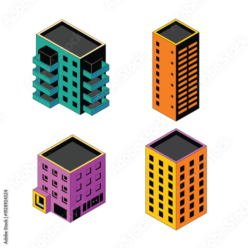 Isometric municipal building set with bank, office tower, school and clinic, public service architecture vector for city infrastructure map