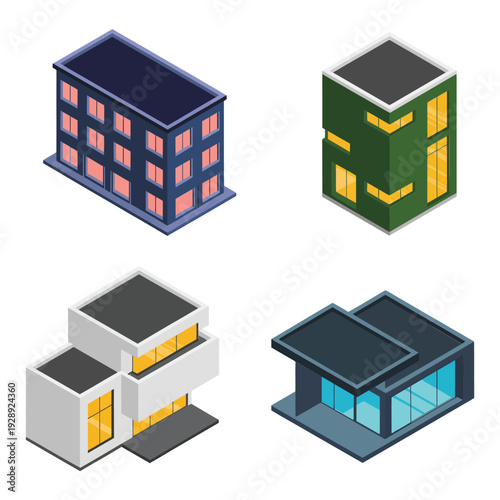 Isometric creative building icons with heart shaped tower and layered office blocks, innovative architecture vector for smart city branding illustration
