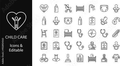 Child care and medical health icon set with baby bottle stroller crib and stethoscope for cad drawing flat vector illustration,