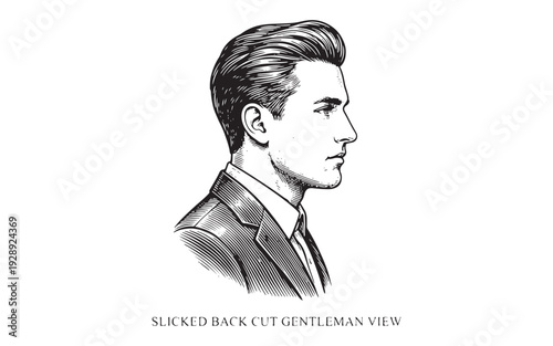 Vintage engraving style portrait of a man with slicked back hairstyle in profile