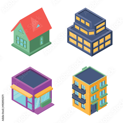 Isometric contemporary apartment and office buildings with colorful facades, urban residential architecture vector for smart neighborhood planning and real estate