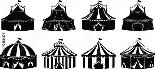 Circus tent and carnival marquee silhouette vector set with striped big top festival event icons for cad drawing flat vector illustration,