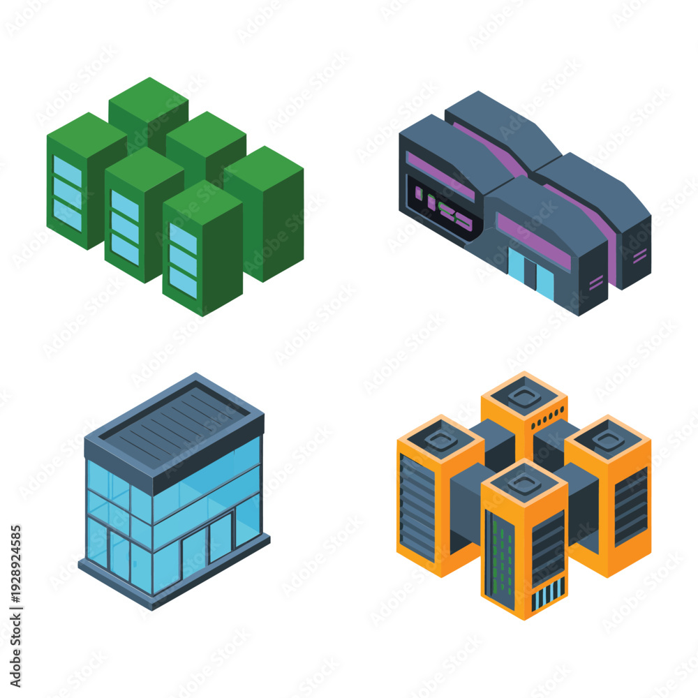 Fototapeta premium Data center and server facility icons, modular technology halls, IT infrastructure conference, uptime design session, cooling systems workshop vector set