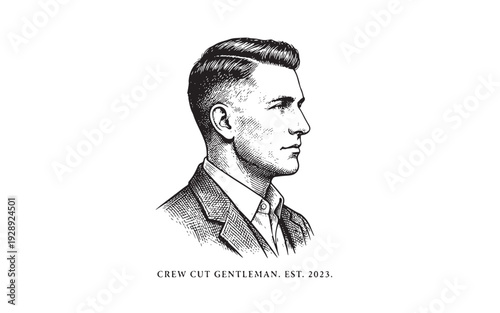 Vintage engraving style portrait of a man with a crew cut hairstyle in profile