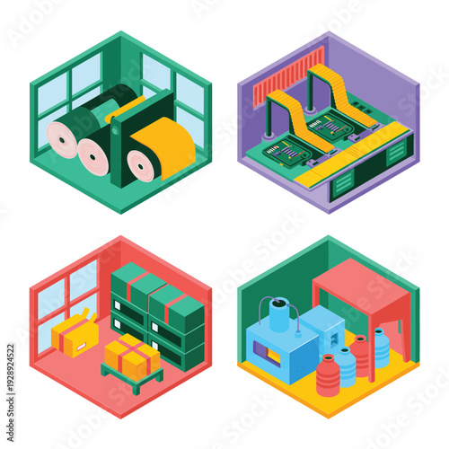 Production line workshop icons, conveyor systems and rollers, manufacturing expo poster, fabrication process session, lean operations training, plant optimization vector