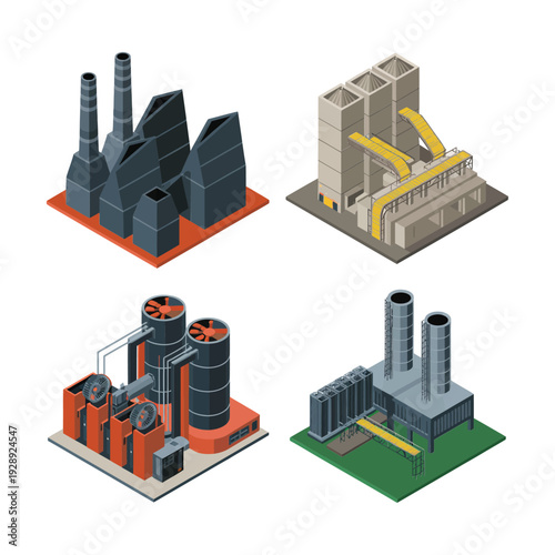 Isometric refinery stacks, distillation columns, and processing units, chemical industry conference, plant tour session graphics, HSE compliance training vector