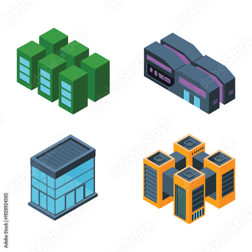 Data center and server facility icons, modular technology halls, IT infrastructure conference, uptime design session, cooling systems workshop vector set