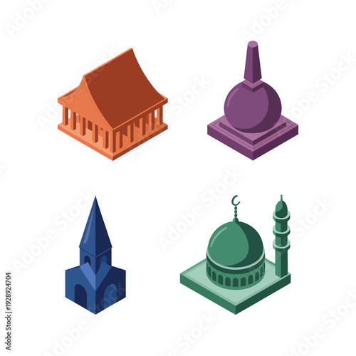 Icon set of church spire, mosque dome with minaret, stupa silhouette for culture festival poster, interfaith event, travel design