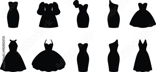 Collection of Ten Distinct Dress Silhouettes Displaying Fashion Variations in Neckline, Sleeve, and Skirt Styles for Catalog Reference