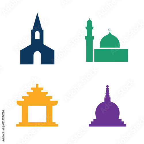 Solid silhouette religion icons with church, mosque and minaret, temple gate, stupa for signage, culture week poster, simple education design