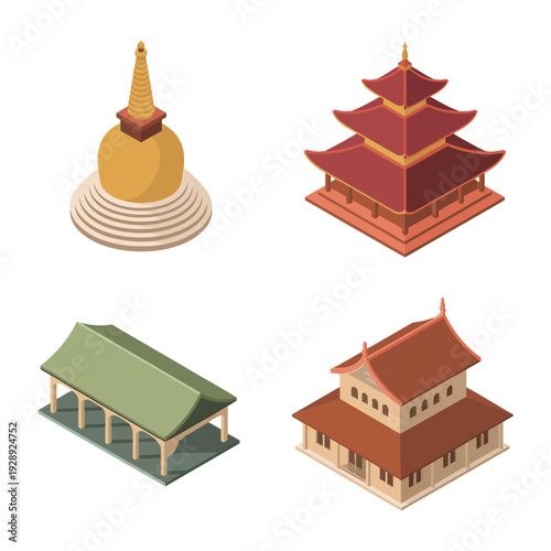 Traditional temple architecture set with layered pagoda, round stupa, wooden prayer hall for heritage exhibition, culture week, tourism design