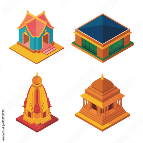 Pagoda inspired shrines set with pointed spire, colorful pavilion, sanctum for temple fair banner, festival invitation, cultural heritage travel design