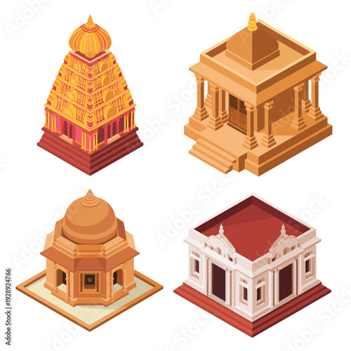Indian sacred architecture set with shikhara temple, stone mandir, domed shrine for Diwali celebration banner, culture tour map, heritage design