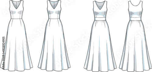 Elegant Line Art Collection of Four Sleeveless Long Dresses Featuring Distinct Neckline and Waist Detailing for Fashion Catalog Reference