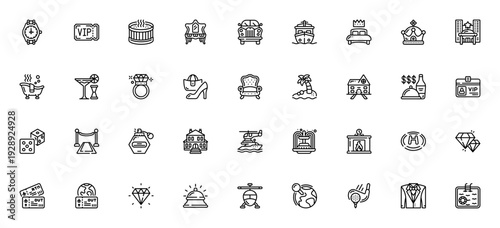 Life of Luxury icon set. Vector symbols for watch, yacht, mansion, car, crown, cocktail, ring, perfume, VIP and more. Minimal line icons.