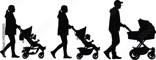 Mother and father walking with baby in stroller silhouette vector set for family parenthood concept cad drawing flat vector illustration,