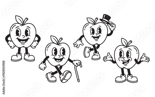 cartoon apple character tipping a top hat and walking with a cane