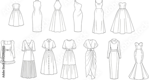 Fashion Line Art Collection of Twelve Distinct Dress Designs Showcasing Casual, Semi‑Formal, and Elegant Styles for Catalog Reference